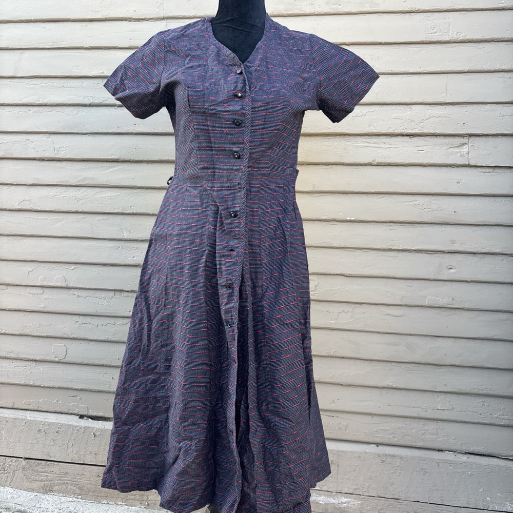 Classic Short-Sleeve Button-Front Women's Dress in Navy with Red Pinstripes